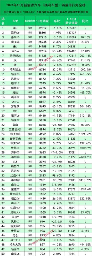 10月新能源汽车销量排行  -图1